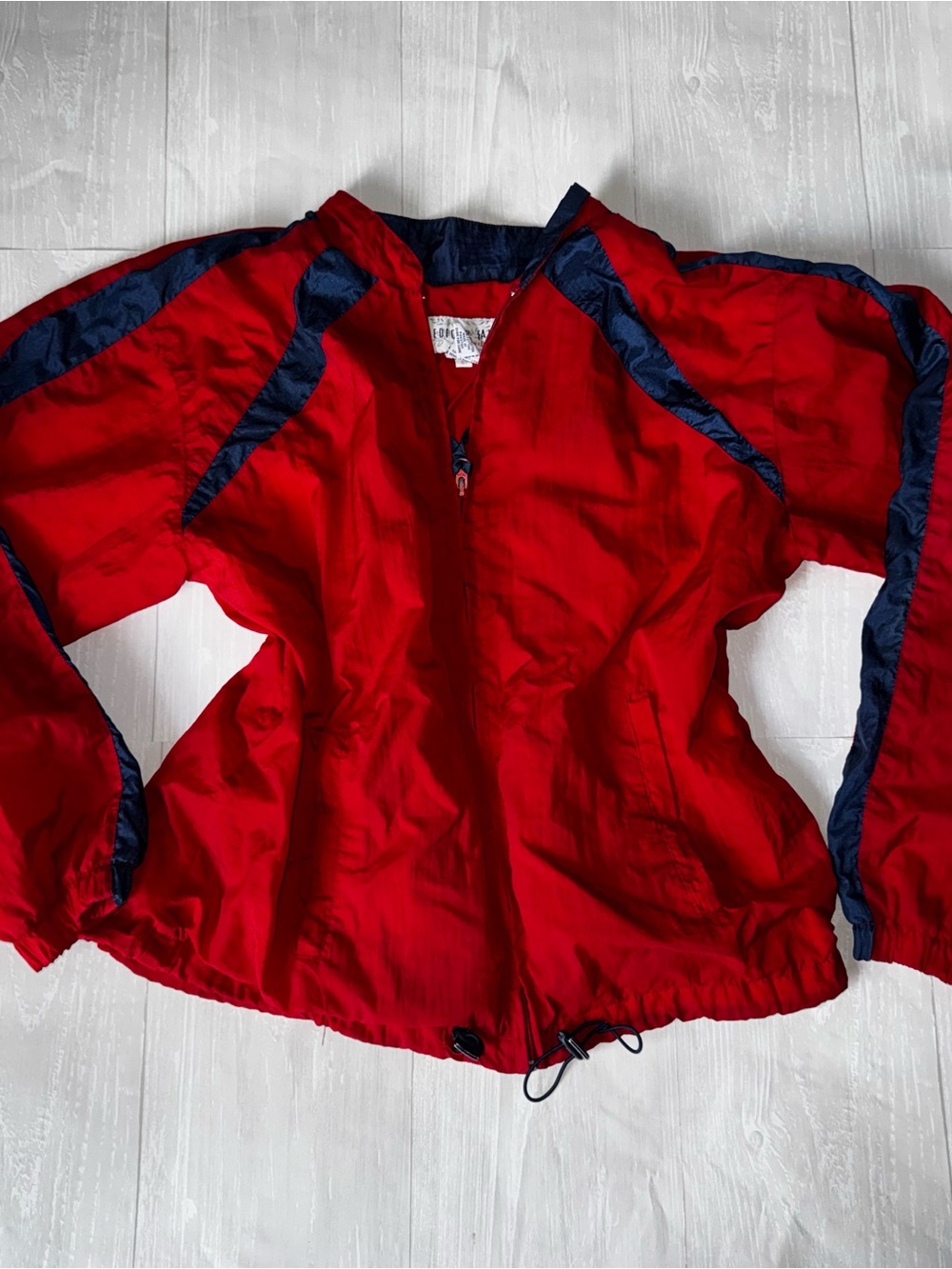 Vintage Mens Red Windbreaker Jacket with Navy Trim